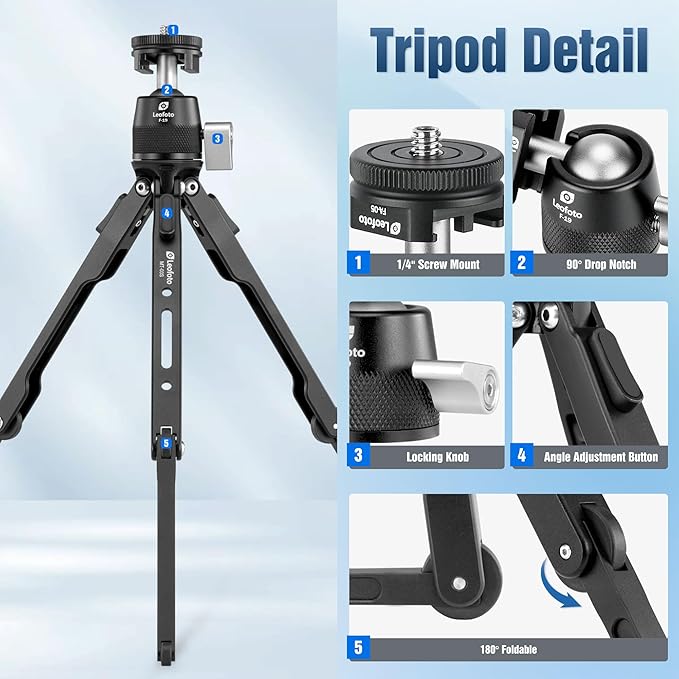LEOFOTO 9.84" Aluminum Table Tripod with Ball Head for Camera, 360° Rotation Desktop Tripod with 1/4" Screw for Phone Adaptor/Projector/Sport Camera, Max Load 11lb