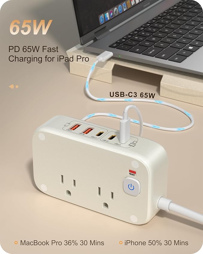 KWRNVO Power Strip with USB Ports 175W GaN 7-in-1 USB C Charging Station Type C & USB A Ports with AC Outlets 2500W for Multi Devices for Phone/Laptop/Home Appliances