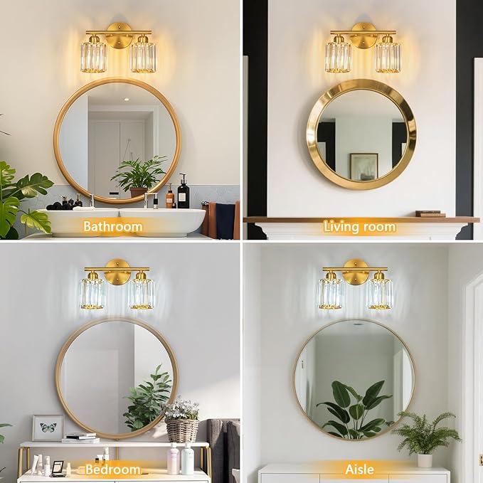 FDPBY Modern 2 Light Crystal Vanity Light, Brushed Gold Vertical Bathroom Light Fixture Over Mirror for Dressing Table Sink, Compatible with Dimmable Bulbs (Bulbs Not Included)