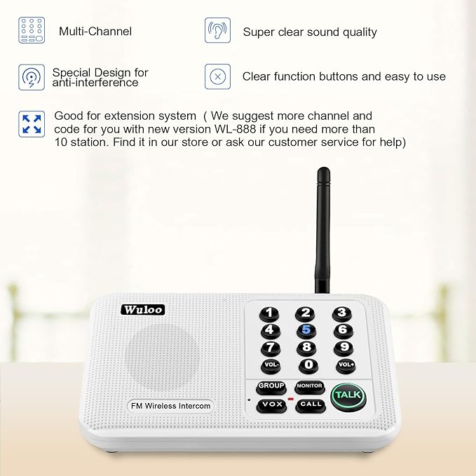 Wuloo Intercoms Wireless for Home 5280 Feet Range 10 Channel 3 Code, Wireless Intercom System for Home House Business Office, Room to Room Intercom, Home Communication System (4 Units Set, White)