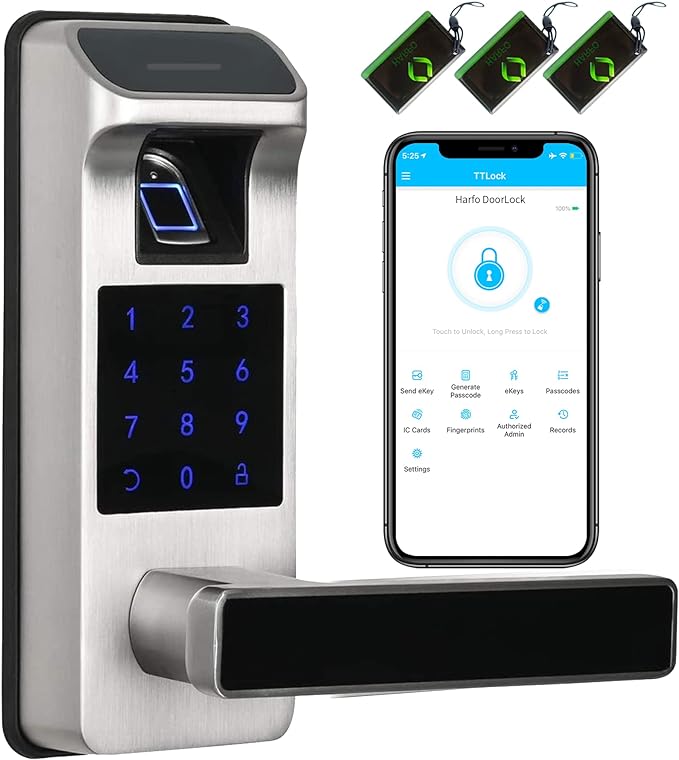 Harfo Smart Door Lock, Heavy Duty 5 in 1 Keyless Entry Door Lock, Full App Control Digital Keypad Lock, Reversible Handle with Fingerprints and Passcodes for Family/Office/Apartment (Satin Nickel)