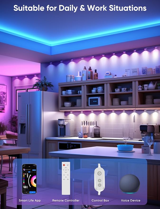 Smart RGB String Downlights, 30ft with 30 LED Smart LED String Lights Works with Alexa/Google, 111 Scene Modes, Color Changing Indoor Wall Light Fixture for Party, Children's room, Music Sync, White