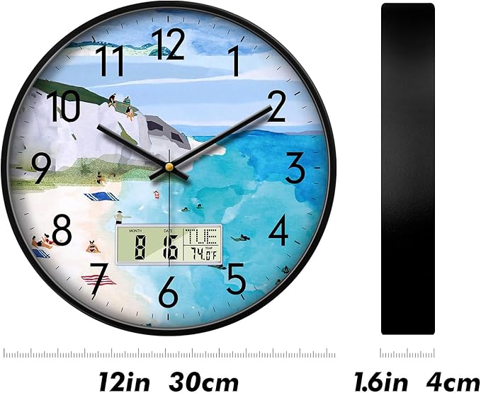 SCOAGE Silent Wall Clock with Temperature Day and Date Blue Mountain and Sea Beach Non-ticking Kitchen Clock Digital Large Display Battery Operated Clocks Decor for Bathroom Living Room Office 12 Inch