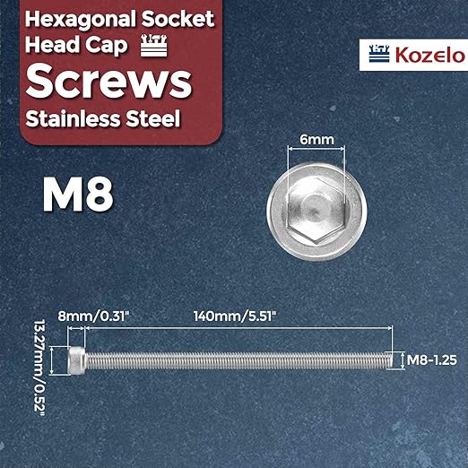 Kozelo 2pcs Socket Head Cap Screws - [M8-1.25 x 140mm] 304 Stainless Steel Allen Socket Drive for Electrical Motor 3D Printing Fan Engine Replacement Use, Silver