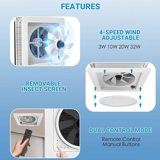 2012 Air Max 14" Vent RV Roof Vent Reversible Exhuast Fan, Ultra Low Sound RV Air Ventilation Ceiling Fan 12V Remote with Rain Sensor