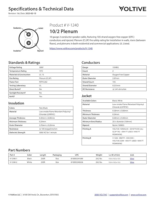 Voltive 10/2 Speaker Wire, Plenum CL3P, Black, 250ft - 10AWG, 2 Conductors, Stranded Oxygen-Free Copper, UL Listed - V-1240-1