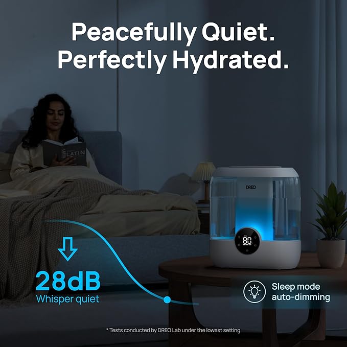 DREO 6L Top Fill Humidifiers for Bedroom, 60H Runtime 28 dB Quiet Supersized Cool Mist Air Humidifiers for Large Room, Baby Nursery, Plant, Indoor, Night Light, Easy to Clean, Precise Humidity Control