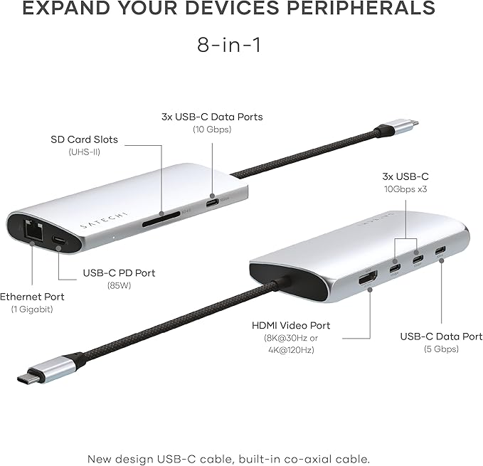 Satechi 8 in 1 USB C Hub Multiport Adapter V3, 8K HDMI, 100W Charging, 4 USB Data Ports, Ethernet, SD Card Reader, for Laptop, for Mac/Windows, MacBook Air/Pro M5/M4, iPad - Silver