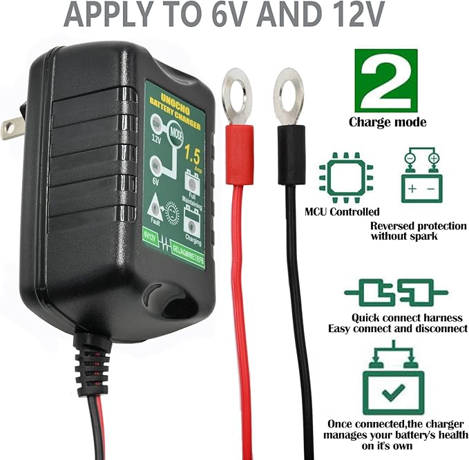 6V 12V Battery Charger 1.5A Automatic Battery maintainer trickle Battery Charger Smart Float Charger for auto car Motorcycle Lawn Mower Boat Motorcycle Snowmobile