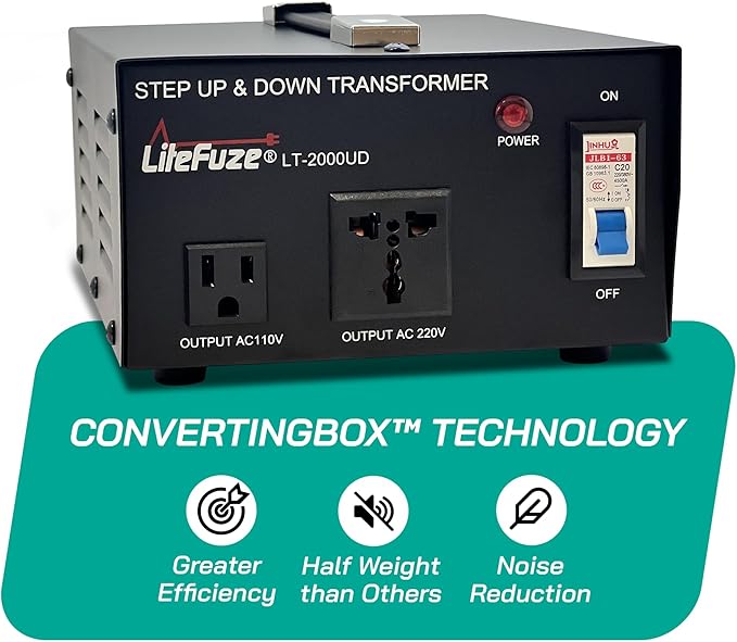 LiteFuze 2000 Watt Voltage Converter Transformer Step Up/Down - 110v to 220v / 220v to 110v Power Converter - Fully USA Grounded Cord - Universal Outlet Socket, 2x US Outlets - CE Certified