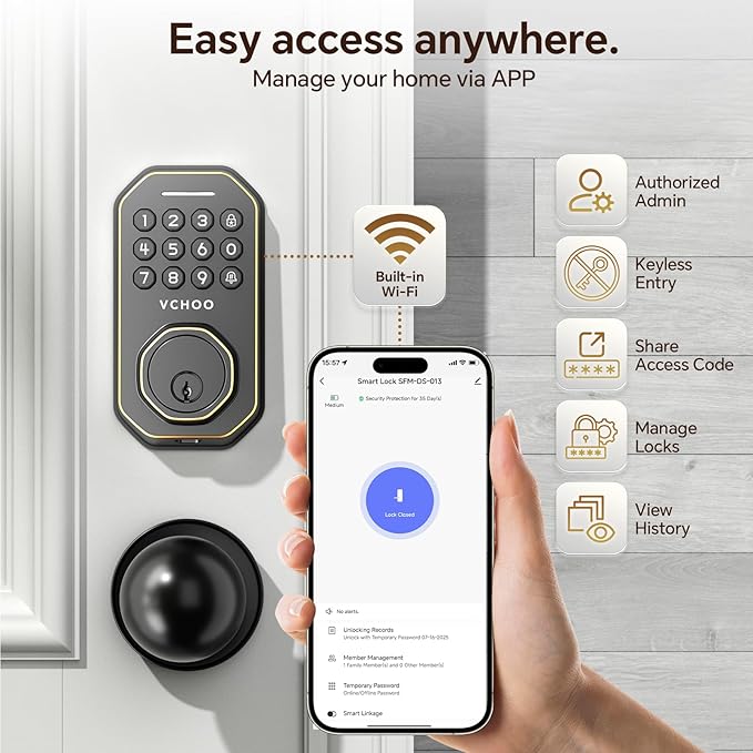 VCHOO Keyless Entry Door Lock Set WiFi Smart App Control Door Lock for Front Door Keypad Deadbolt with 2 Knobs Auto Lock One Time Codes Easy Install, Bronze