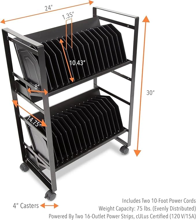 Line Leader 32-Device Mobile Charging Station | Steel Rolling Cart for Laptops, Tablets, & Chromebooks | Open Design with Dividers & UL-Certified Surge Protection | Portable Charging Stand (Black)