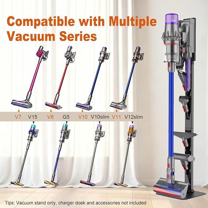 AIKOLZON Vacuum Stand for Dyson with Foldable Storage Hooks and Heavy-Duty Carbon Steel Base, No Drill Installation, Space-Saving Organizer for All Dyson Cordless Vacuums & Accessories