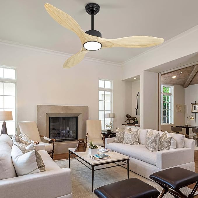 Revoici 52 inch Ceiling Fans with Lights and Remote, 3 Natural Wood Blades, Modern Indoor/Outdoor Ceiling Fan for Living Room Bedroom Farmhouse Patio, 6 Speeds, Dimmable, Noiseless Reversible DC Motor