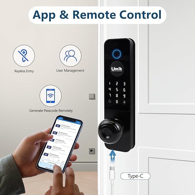 UMIK UMIKSMART Smart Door Lock, Keyless Entry Fingerprint Door Lock with Knob, Electronic Smart Door Knob with Digital Keypad, App Remote Control, WiFi Smart Deadbolt Lock for Front Door, Matte Black