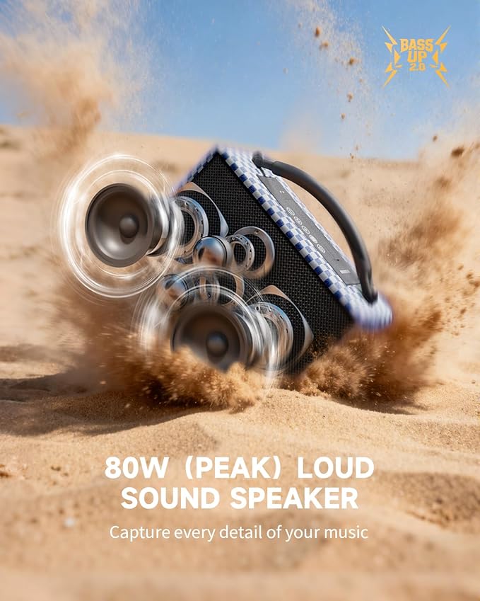 DINDIN Portable Bluetooth Speaker: 80W (Peak), 20H Playtime, Loud Wireless Wood Speakers with Bass, AUX and USB Input, Subwoofer, TWS Pairing, Vintage Speaker for Outdoor, Home, Office (Blue+White)