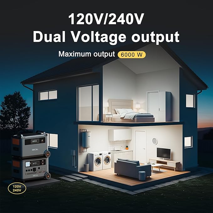 OSCAL 6000 Portable Power Station with 500W Solar Panels, 3600Wh LiFePO4 Battery with 3600Wh Expansion Battery Pack, 6000W(9000W Peak) Solar Generator for Camping, Home, Emergency