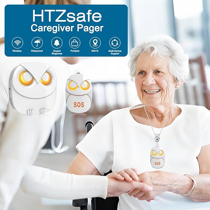 HTZSAFE Caregiver Pager Wireless Call Button 500+ Feet, SOS Alert Nurse Calling Elderly Fall Help System for Patient/Disabled Monitoring at Home, IP55 Waterproof, 1 Transmitter + 1 Receiver , White