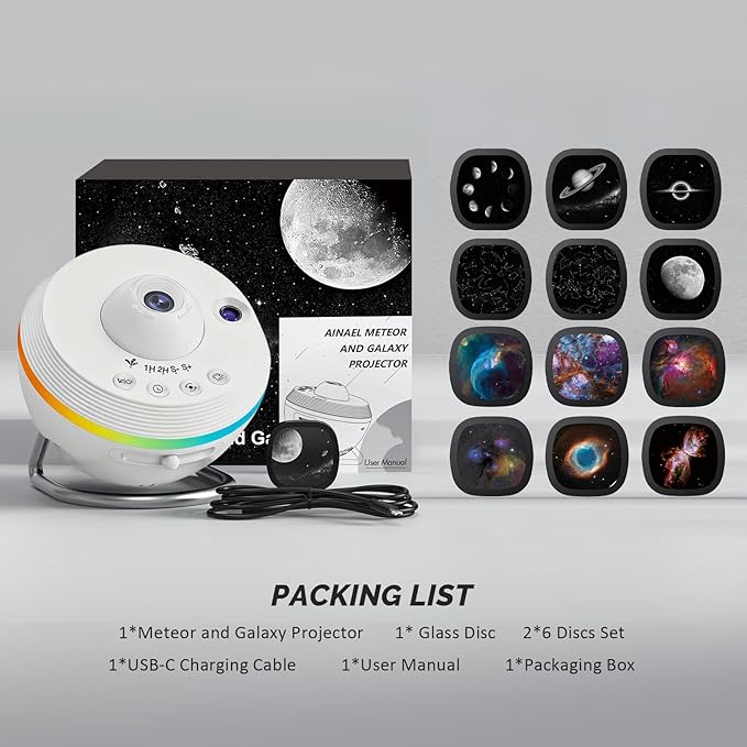 Ainael Galaxy Projector, Star Projectors Home Planetarium Space Ceiling Starry Sky Night Light with Light Strip, Meteor and Galaxy Projector & 2 Films Set for Kid Adult Gift