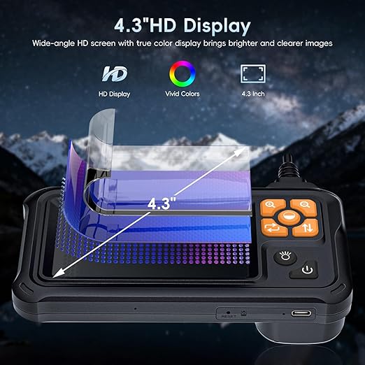 SKYBASIC Industrial Endoscope Borescope Camera with Light, 4.3'' HD Digital Handheld Waterproof Sewer Tools Snake Inspection Camera with 8 LED Lights 65.6FT Semi-Rigid Cable, Cool Gift Gadgets for Men