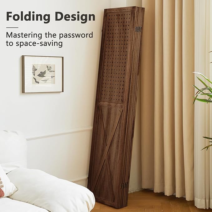 ALeesing 6 Panel Pegboard Room Divider, 5.6Ft Pegboard Display Folding Privacy Screens, Wood Room Divider Peg Board Display Freestanding for Trade Show Craft Show Home Wall Organizer, Brown
