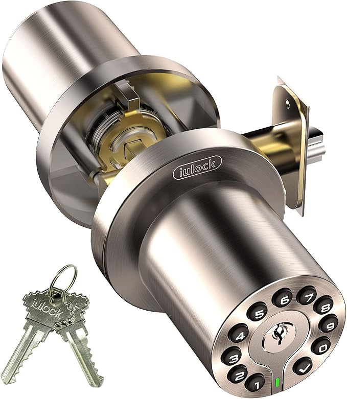 iulock Waterproof Electronic Door Knob with Keypad and Key, Auto Lock, Satin Nickel, 50 Codes, Easy to use and install for Office/Warehouse/Bedroom/Garage