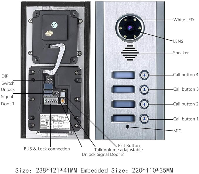 4 Apartment Bus 2 Wire Video Door Phone Intercom Systems 7 Inch Kit for Electronic Door Lock Home Night Vision