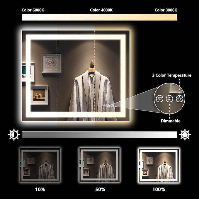 YEELAIT 40x32 Inch LED Bathroom Mirror with Lights Front and Backlit Lighted Vanity Mirror for Bathroom Wall with 3 Colors Dimmable Anti-Fog Memory Shatter-Proof IP54 Waterproof Horizontal/Vertical