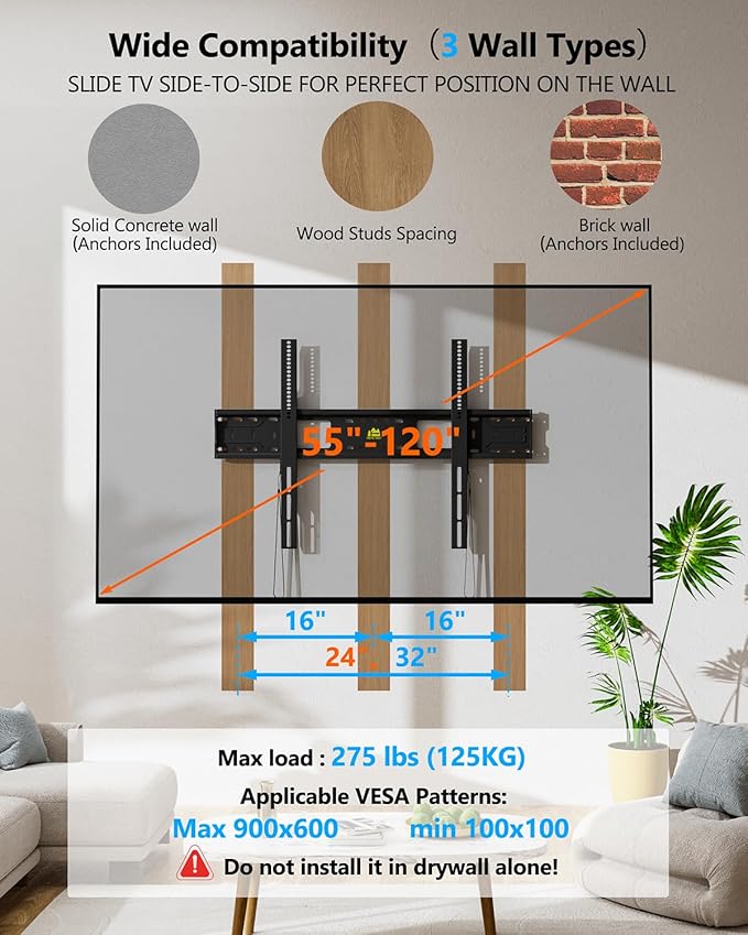 FORGING MOUNT Heavy Duty Fixed TV Wall Mount Holds up to 275Lbs for 55-120 inch TVs 3-Stud Low Profile TV Mount Ultra Slim Universal Bracket Fits 16"/18"/24" Studs MAX VESA 900x600mm- Easy DIY Install