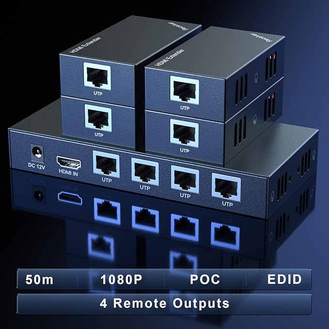 HDMI Extender Splitter 1x4 1080P@60Hz Over Cat 5E/6/7 Ethernet Cable 50m (165ft) Support EDID Copy POC Function (1 in 4 Out)