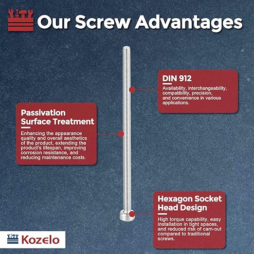 Kozelo 10pcs Socket Head Cap Screws - [M3-0.5 x 65mm] 304 Stainless Steel Allen Socket Drive for Electrical Motor 3D Printing Fan Engine Replacement Use, Silver
