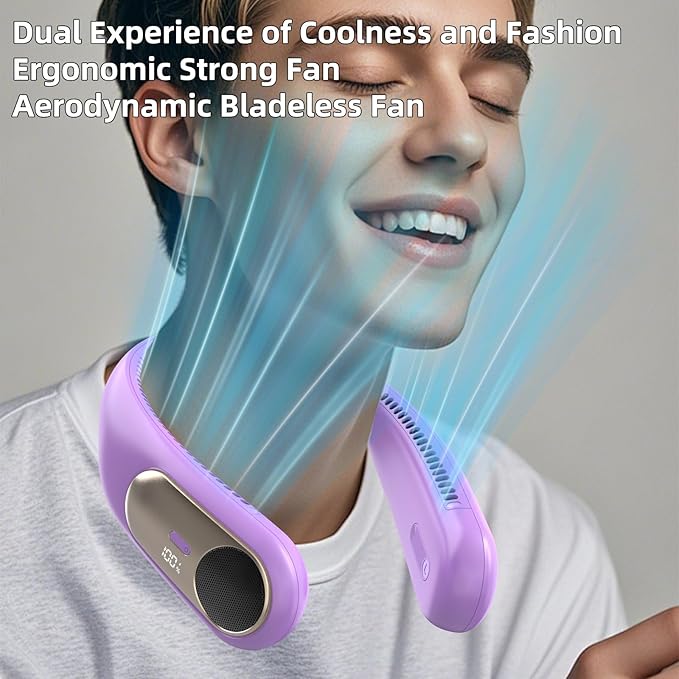Portable Neck Fan,Personal Wearable Bladeless Fan,LED Display,4-Speeds,6000mAh USB Rechargeable,360° Strong Cooling Wind,Hands Free,White Elephant Gift,Christmas Gifts for Men Women Dad Mom (Purple)