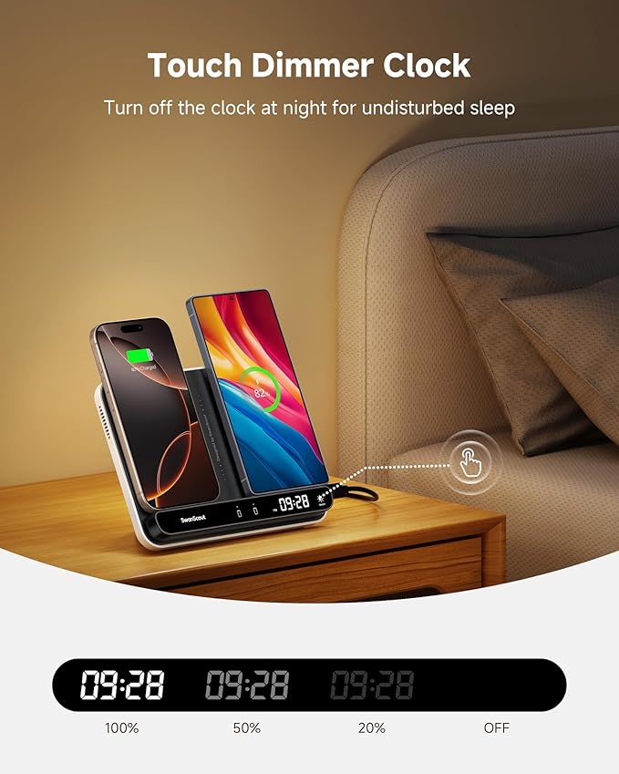 Dual Wireless Charger Stand, SwanScout 504, Foldable Wireless Charging Station Pad for iPhone 17/Air/16/15/ Series, Samsung Galaxy S25/S24/S23, Google Pixel 10/9/8, Android Phones, AirPods/Galaxy Buds