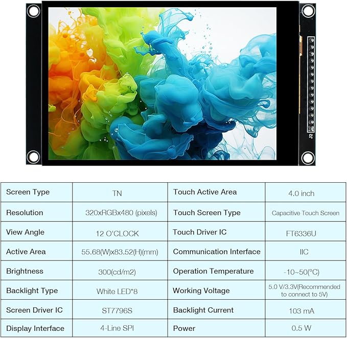 Hosyond 4.0 Inch 320x480 TN Capacitive Touch Screen LCD Display Module SPI Serial ST7796S Driver for Arduino R3/Mega2560/ESP32