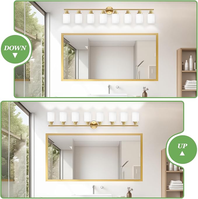 Guliaofo 8-Light Vanity Lights, Brushed Gold Bathroom Light Fixture with Striped Textured Milky White Glass Shade, Modern Vanity Lighting Fixture for Bathroom Wall Light Over Mirror, E26 Wall Sconce