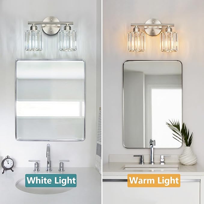 FDPBY Modern 2 Light Crystal Vanity Light, Brushed Nickel Vertical Bathroom Light Fixture Over Mirror for Dressing Table Sink, Compatible with Dimmable Bulbs (Bulbs Not Included)