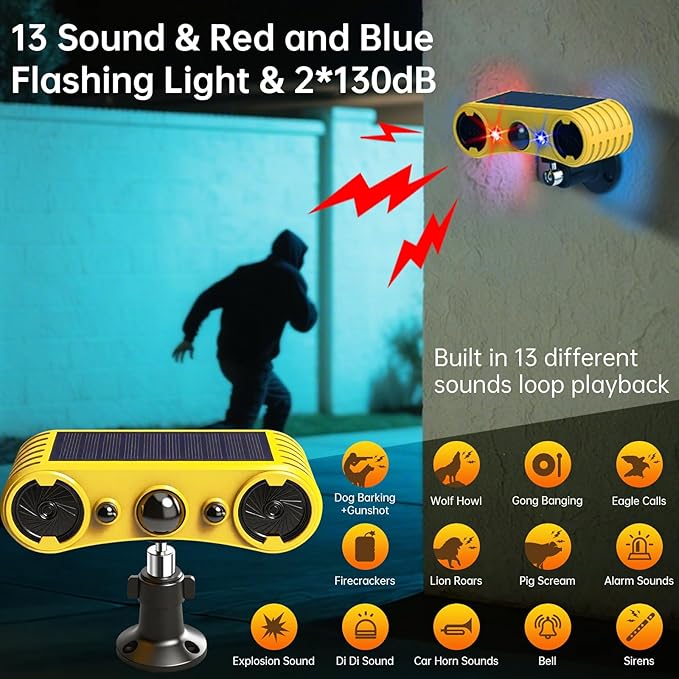 Solar Motion Sensor Alarm Outdoor,Motion Sensor Alarm,13 Sound,Dog Barking&Gunshot,2x130db Loud Noise Maker,4 Modes,Red&Blue Motion Activated Strobe Light,Say Goodbye to The Intruders,for Garden,Yard