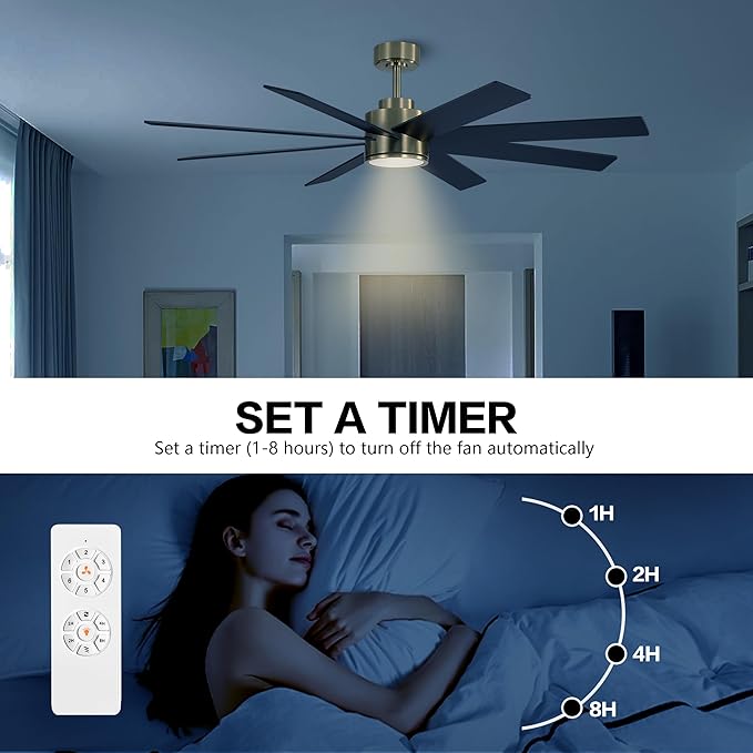 WINGBO 60" Large DC Ceiling Fans with Lights and Remote, 3 Downrods, 8 Plywood Blades, 6-Speeds Reversible DC Motor, 3CCT, Indoor Ceiling Fan for Bedroom Living Room Patio, Brass and Black