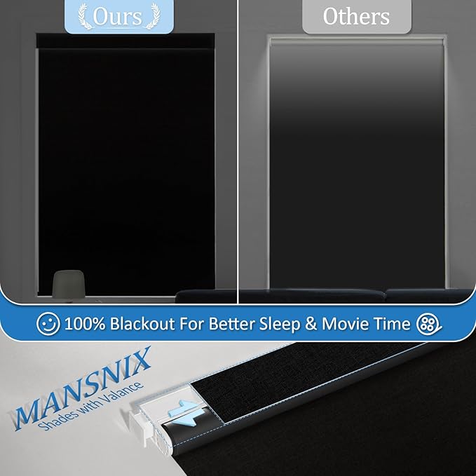MANSNIX Smart Motorized Blinds with Remote, Cordless No-Drill Automatic Roller Shades, Blackout Electric Blind for Windows, Black, 34 x 72