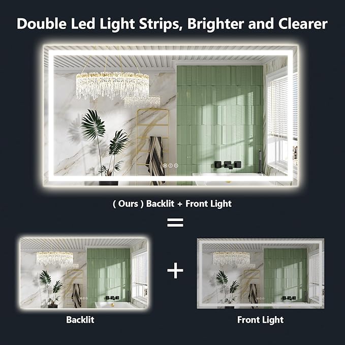 YEELAIT 66x36 Inch LED Bathroom Mirror with Lights Front and Backlit Lighted Vanity Mirror for Bathroom Wall with 3 Colors Dimmable Anti-Fog Memory Shatter-Proof IP54 Waterproof Horizontal/Vertical