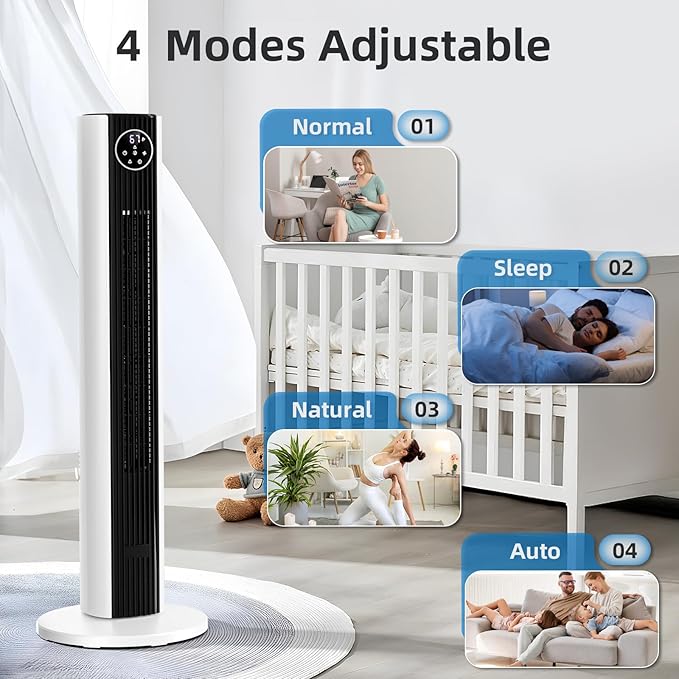 Antarctic Star Tower Fan Portable Floor Fans 85°Oscillating Fan Quiet Cooling 12H Timer Remote Control Standing Bladeless Electric 3 Wind Speeds 4 Modes Bedroom Office,36 inch, Black+White