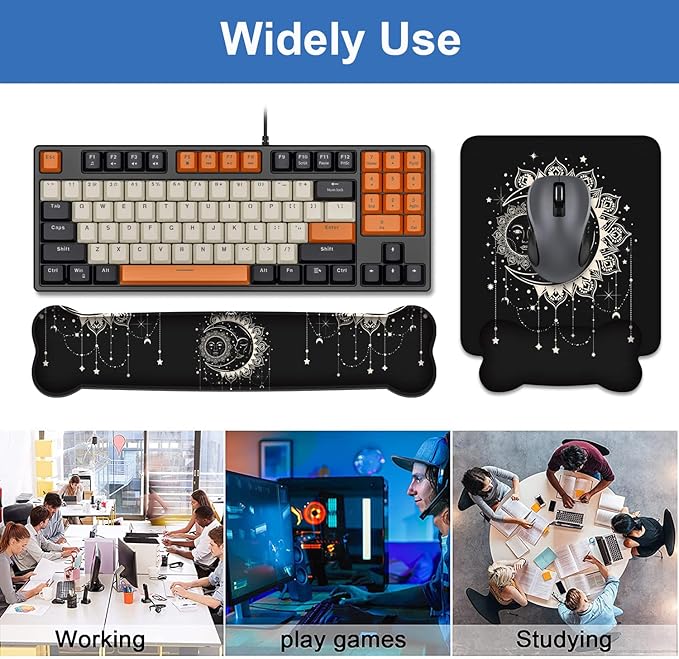 Wrist Rest Support Ergonomic Gel Mouse Pad and Memory Foam Keyboard Set, Non-Slip Rubber PU Base for Home Office Working Studying Easy Typing & Pain Relief, Celestial Theme Sun with Crescent Moon
