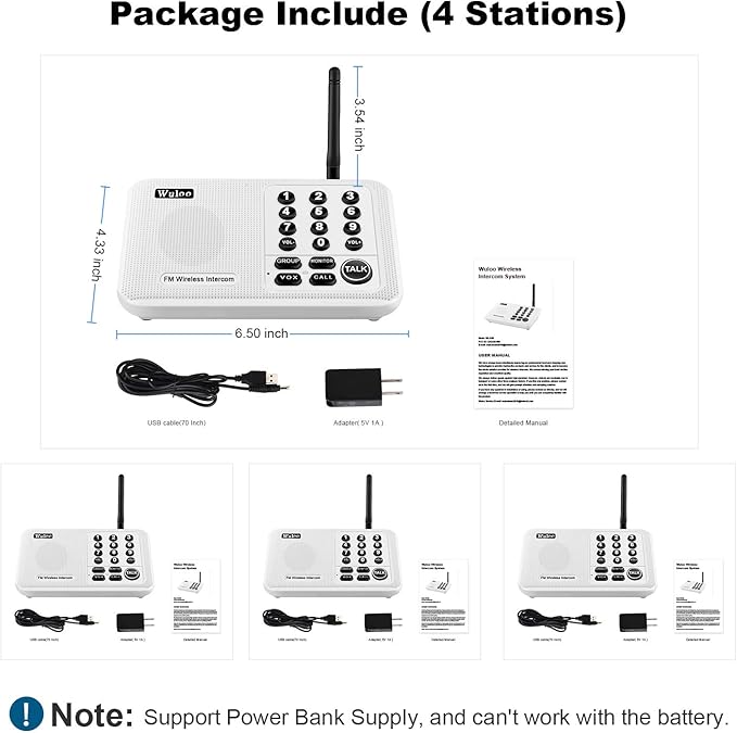 Wuloo Intercoms Wireless for Home 5280 Feet Range 10 Channel 3 Code, Wireless Intercom System for Home House Business Office, Room to Room Intercom, Home Communication System (4 Units Set, White)