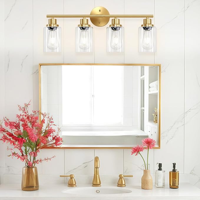 Guliaofo 4-Light Gold Bathroom Light Fixtures, E26 Modern Vanity Lights for Bathroom with Clear Glass Shade, Wall Lamps for Mirror Hallway Kitchen Cabinet Living Room Sconces Lights