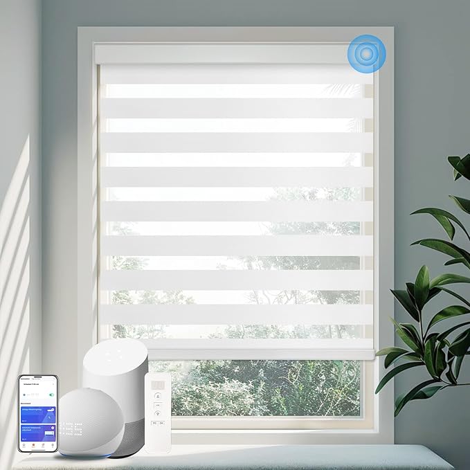 COOLWINDS Motorized Zebra Blinds for Windows Cordless Electric Curtains with Remote Control Blackout Shades Custom Smart Blinds Compatible with Alexa Google Home(Light Filtering White,W55 X 72in)
