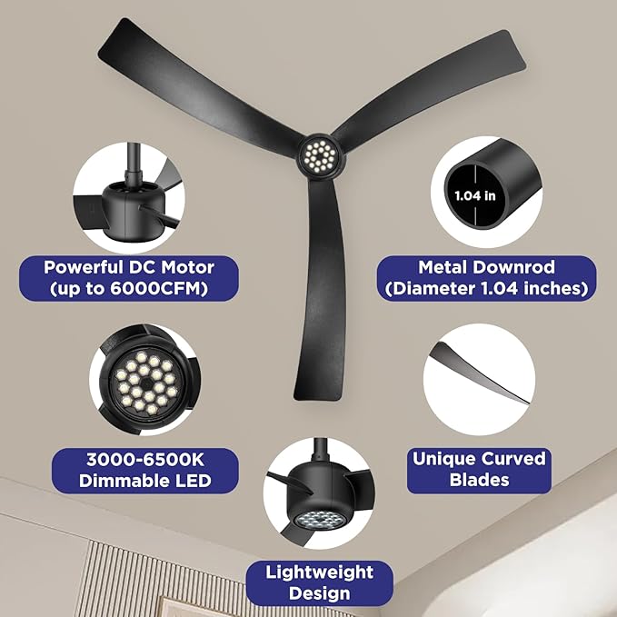 ocioc 52 Inch Ceiling Fans with Lights and Remote,Modern Ceiling Fan with Quiet Reversible DC Motor,6 Speeds,Timer,Dimmable, Black Ceiling Fan for Bedroom,Patios