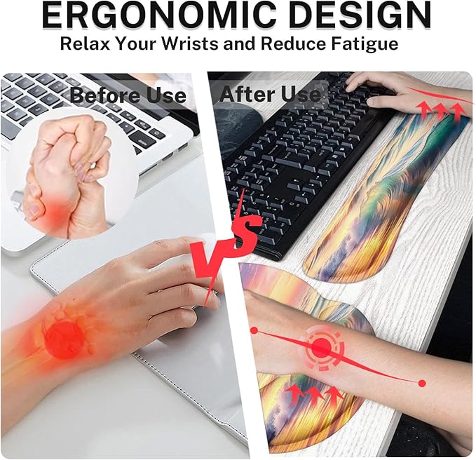 Britimes Sunset Beach Keyboard Mouse Pad Set 4in1 Large Mousepad+Keyboard Wrist Rest+Mouse Wrist Rest+Coaster Set with Ergonomic Design for Home Office Computer 35.4x15.7 inches