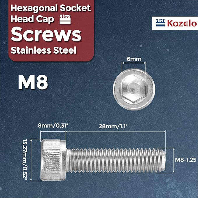 Kozelo 10pcs Socket Head Cap Screws - [M8-1.25 x 28mm] 304 Stainless Steel Allen Socket Drive for Electrical Motor 3D Printing Fan Engine Replacement Use, Silver