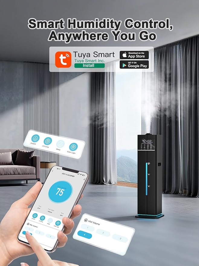 Zeova 9L/2.4Gal Smart Cool Mist Humidifier, Top Fill Quiet Humidifier Large Room, Covers 550ft², App & Remote Control, 60H Runtime, 7 Colors Light, 4 Mist Modes Humidifiers for Bedroom, Office, Black