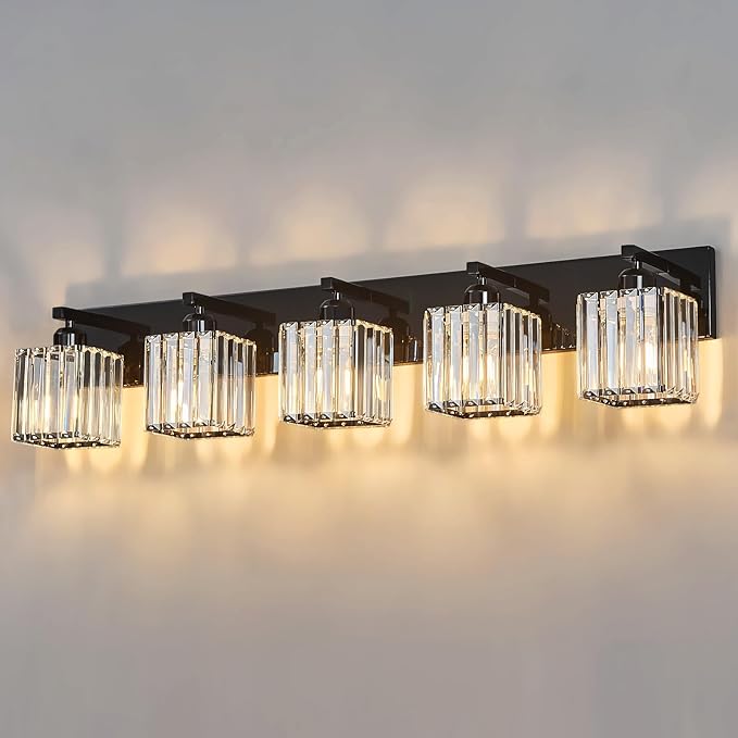 FDPBY Modern Bathroom Vanity Light 5-Lights Plating Black Crystal Bathroom Wall Light Vanity Light Fixtures